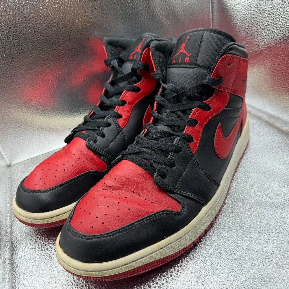Size 13 Air Jordan 1 Mid Banned Black University Red Mens Sneakers 554724-074